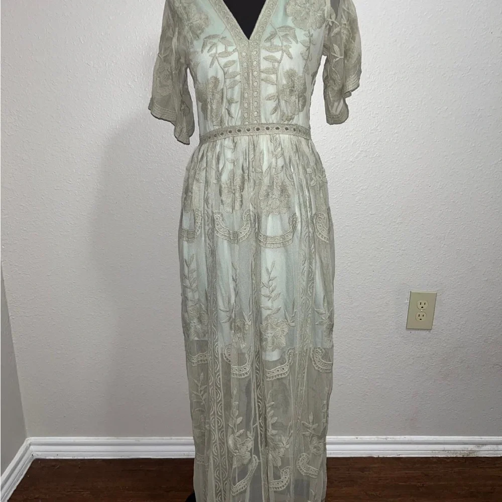Altar'd State Light Sage Lace V‑Neck Maxi Dress - Picture 4 of 8